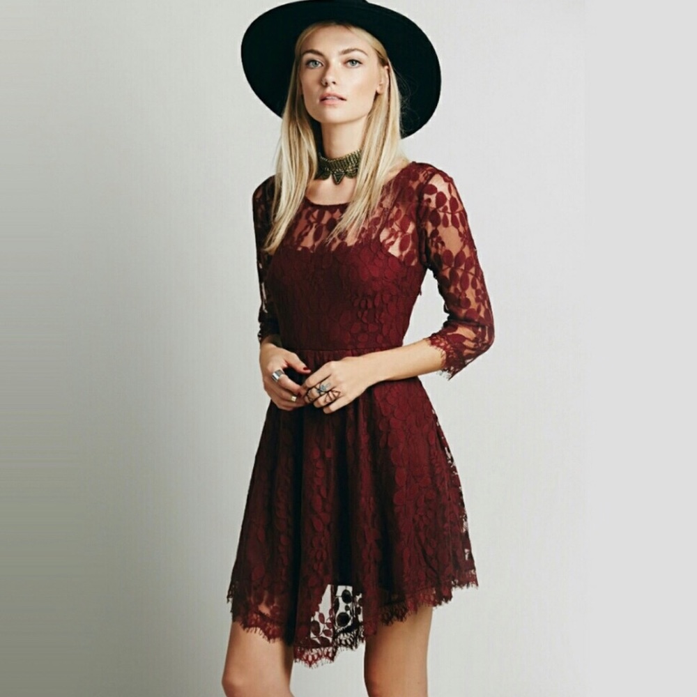 Free People Burgundy Lace Mini Dress